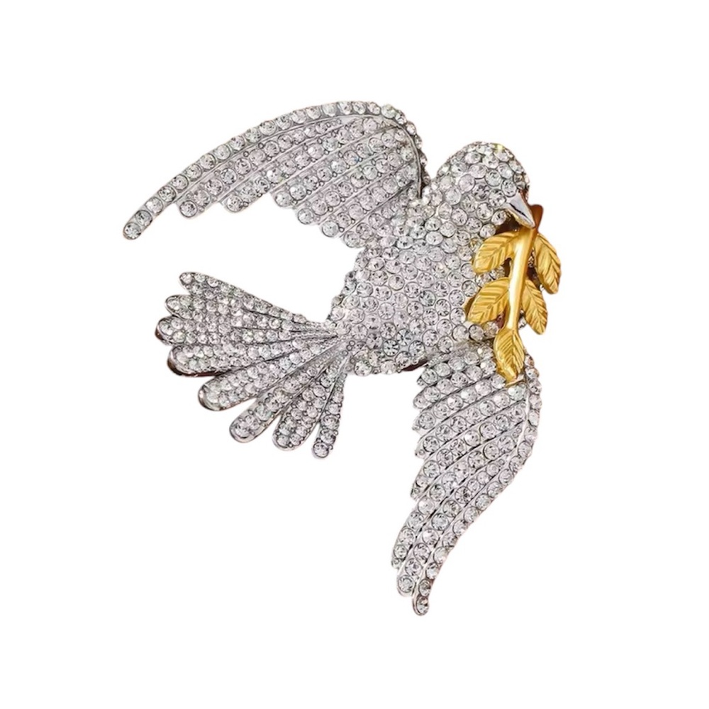 Large Rhinestone Dove In Flight Bird Pin Brooch